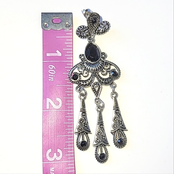 BLACK & SILVERTONE 3" LONG CHANDELIER STYLE EARRINGS - FOR PIERCED EARS - Picture 4 of 5